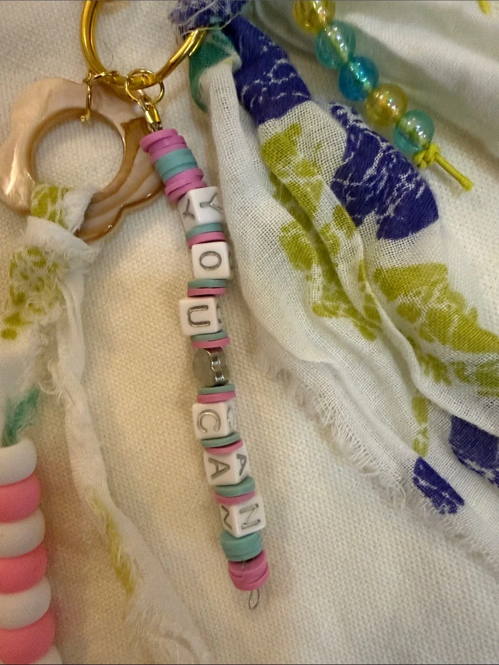 Handmade Pink & Blue Beaded Keychain Charm